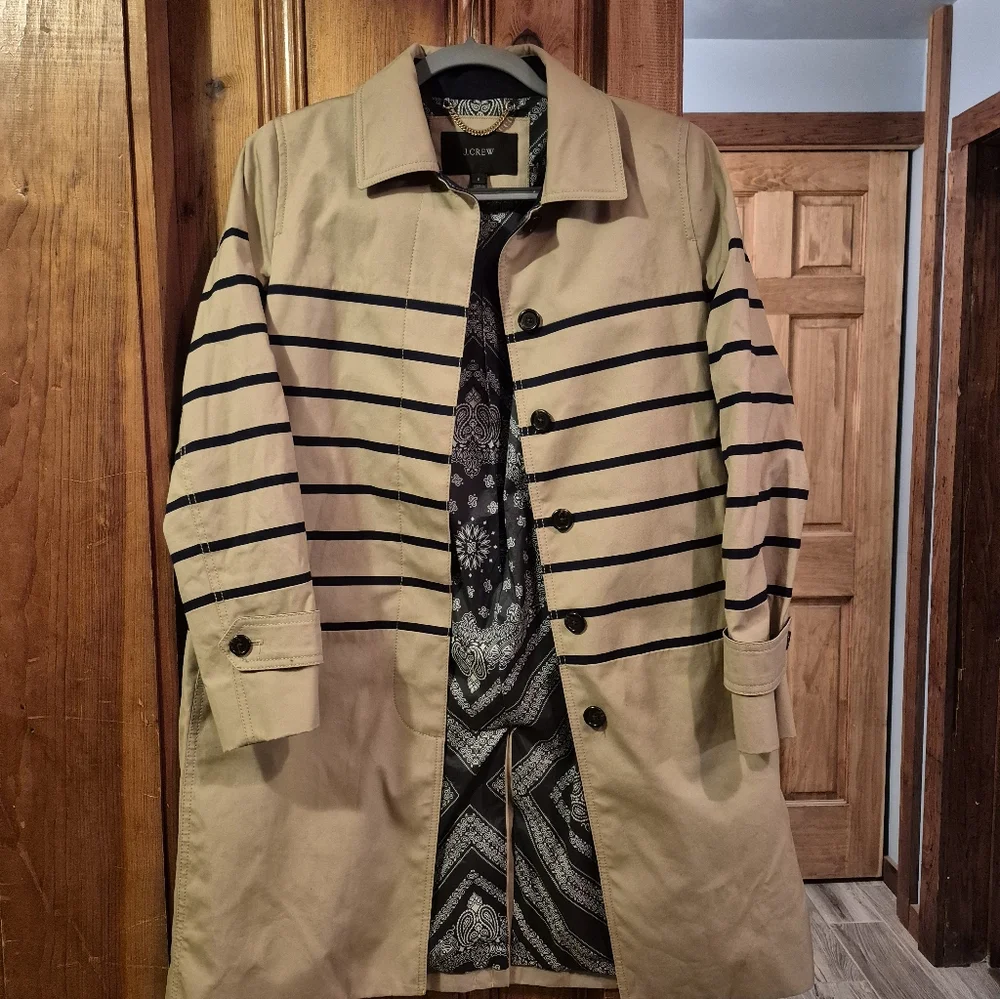 J.Crew Women's Size 6 Striped Beige Navy Blue Trench Coat Jacket